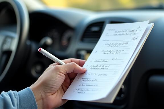 Person, die Reisedokumente und eine Checkliste am Steuer eines Autos prüft